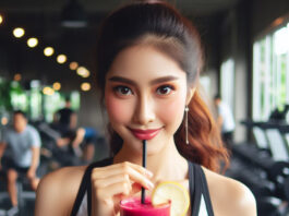 a lady drinking beetroot juice